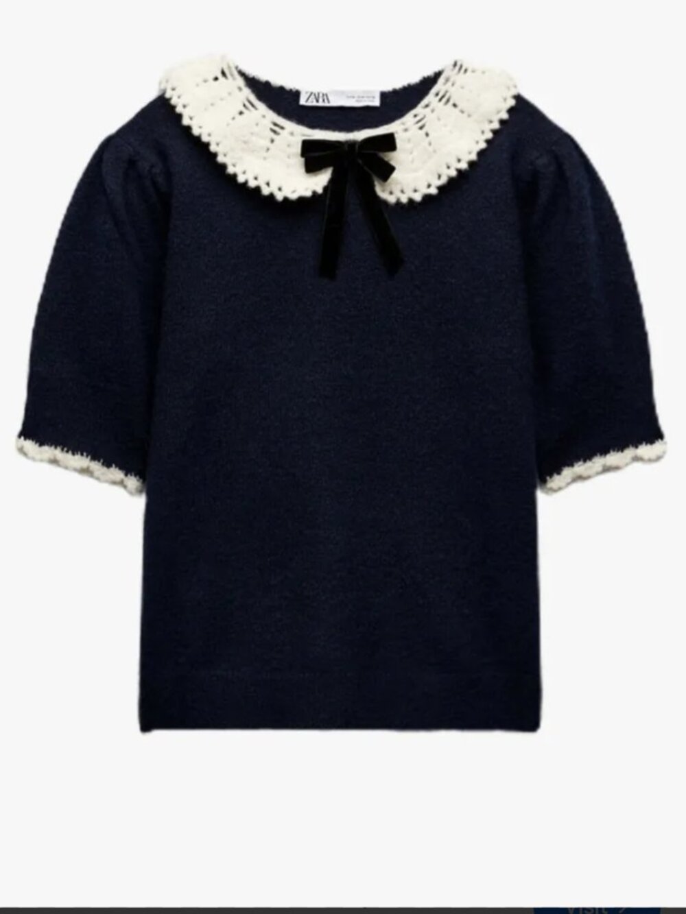 ZARA Knit Peter Pan Collar Top Size Small Black & White Puff Sleeve Femme Preppy - Picture 2 of 11